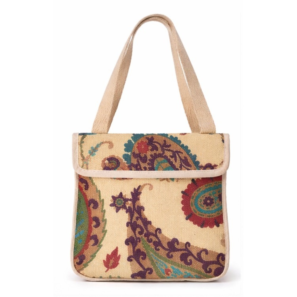 Loloi Womens Crossbody Purse Tote Natural Woven Burlap Paisley‎ Print Strap